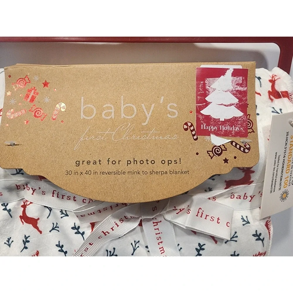OEKO-TEX standard 100 Baby's First Christmas reversible mink to sherpa blanket
